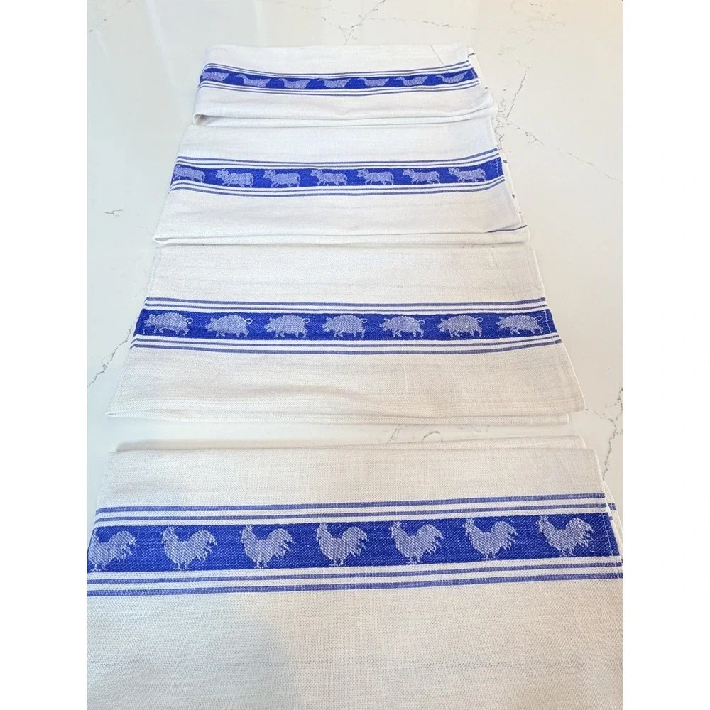 VTG Kitchen Dish Towel Blue White Stripe Shabby Farmhouse Hen Rooster NOS 4PC
